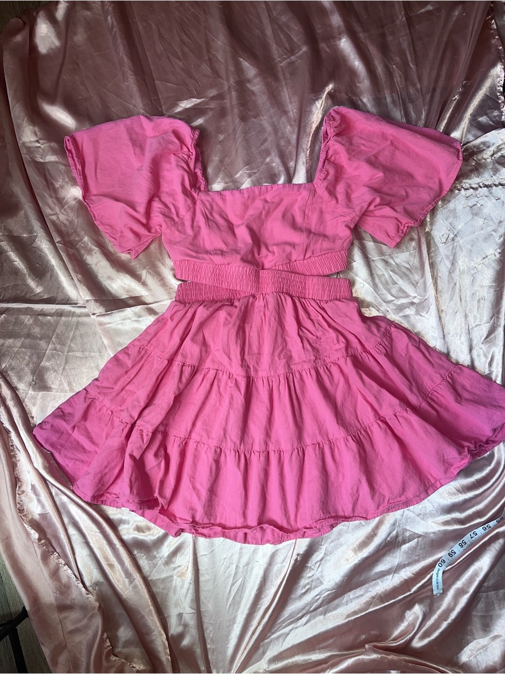 Shy Velvet Pink Puff-Sleeve Tiered Mini Dress